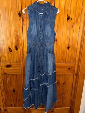 Free People Blue Sleeveless Denim Button-Front Maxi Dress